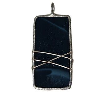 Handcrafted Rectangular Blue Glass Pendant Silver Wire Wrap Jewelry Crafting DIY